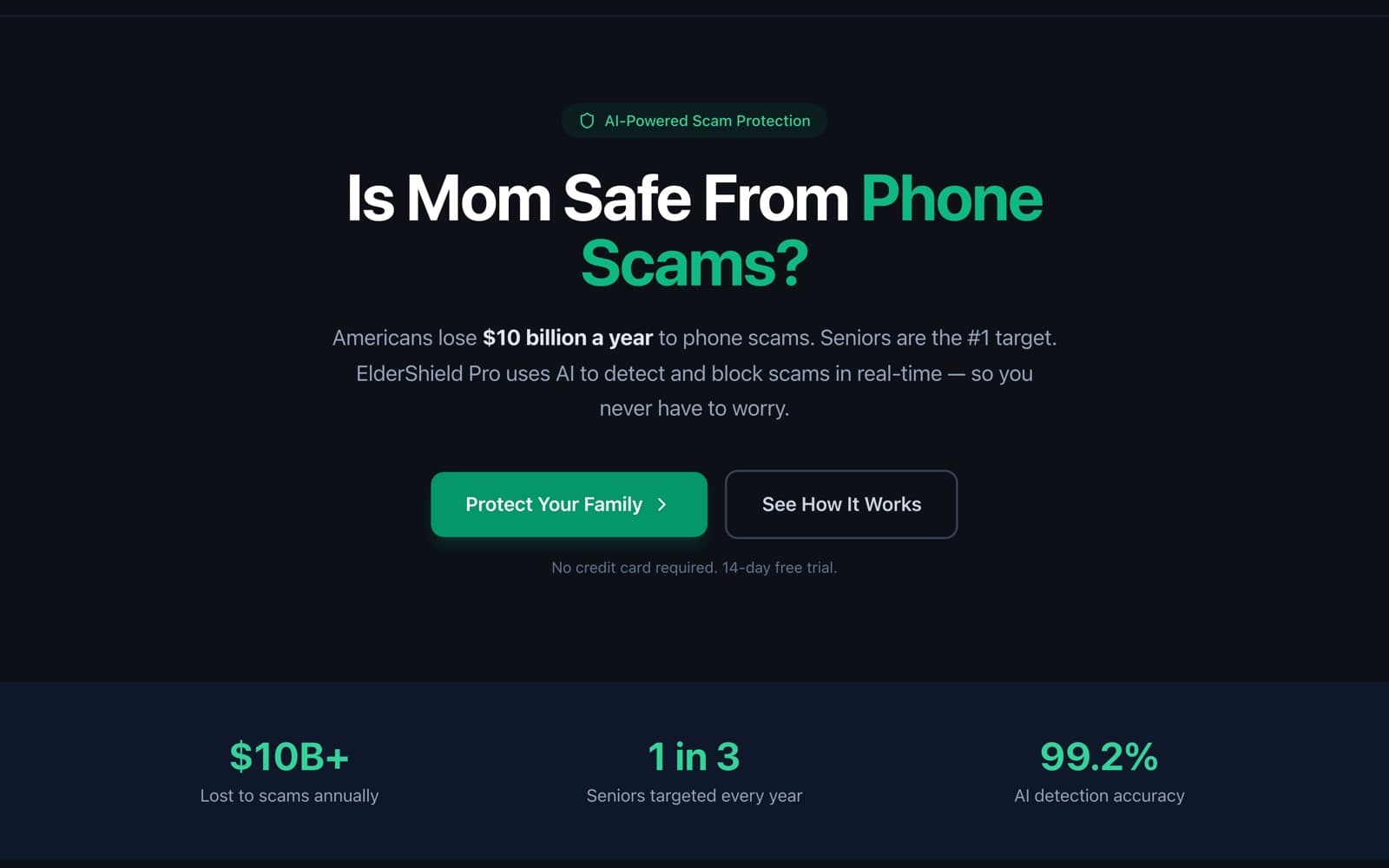 ElderShield Pro home page: AI scam protection for seniors, asking Is Mom Safe From Phone Scams?