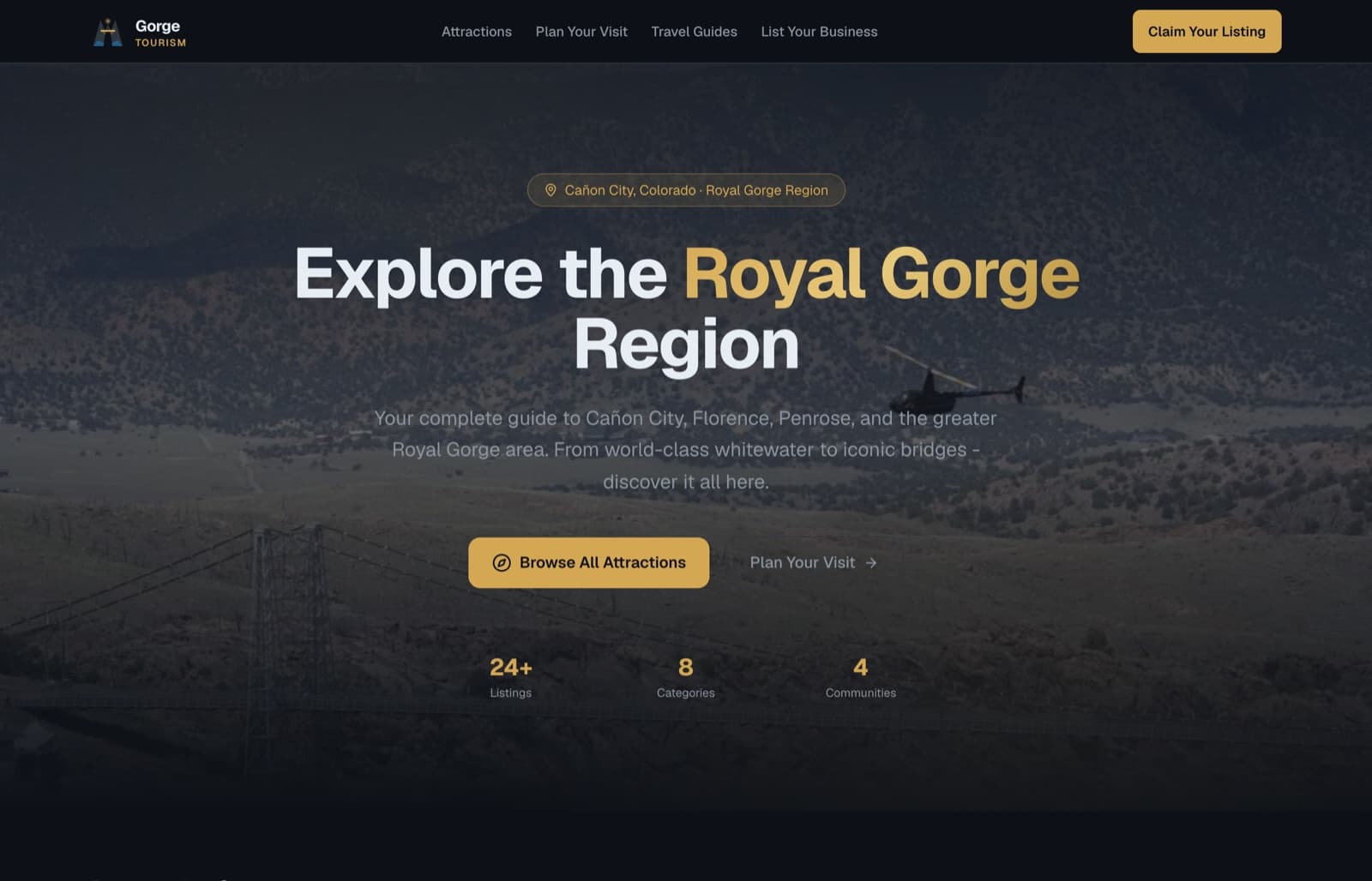 Royal Gorge canyon tourism directory featuring lodging, dining, and outdoor adventure listings in Canon City Colorado