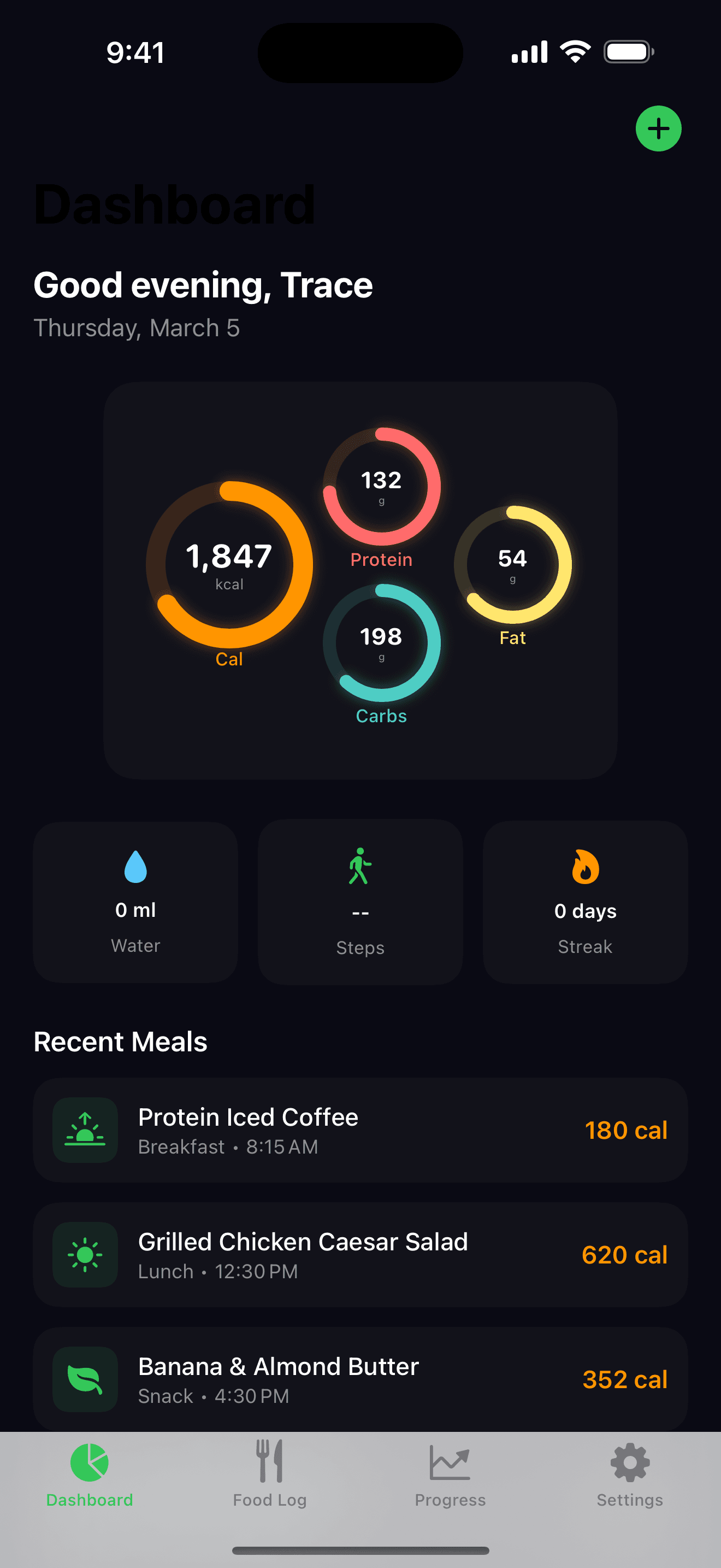 NourishAI nutrition tracking app showing AI food scanning, macro tracking rings, and daily nutrition dashboard on iPhone