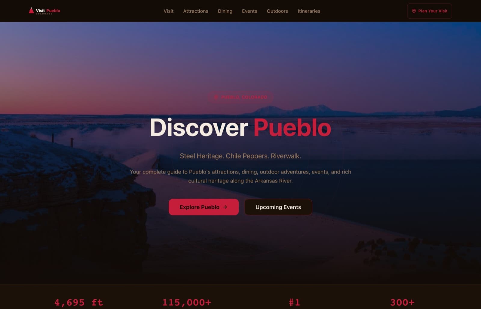 Pueblo Colorado tourism directory featuring the Historic Arkansas Riverwalk, art districts, and local dining