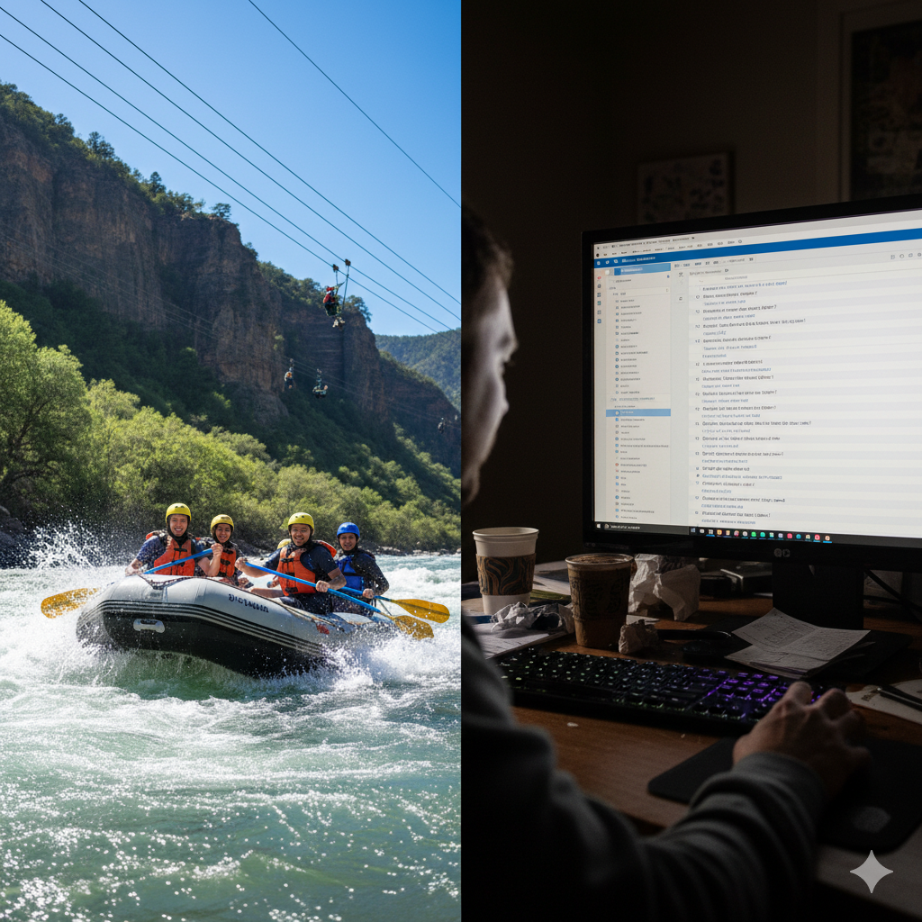 Split screen showing outdoor adventure versus a full email inbox, symbolizing the AI's efficiency.