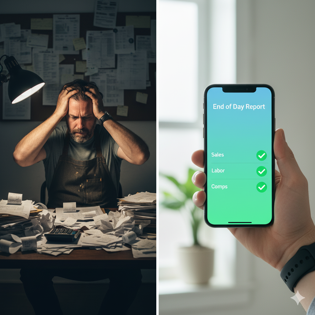 A split screen of a manager buried in receipts vs. a clean EOD report on a phone.