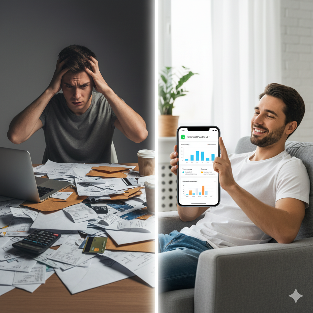 A split screen showing a messy desk with bank statements vs. a clean graph on a phone.