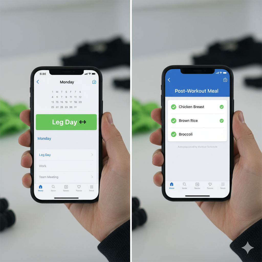 A split screen of a calendar event and a grocery list.