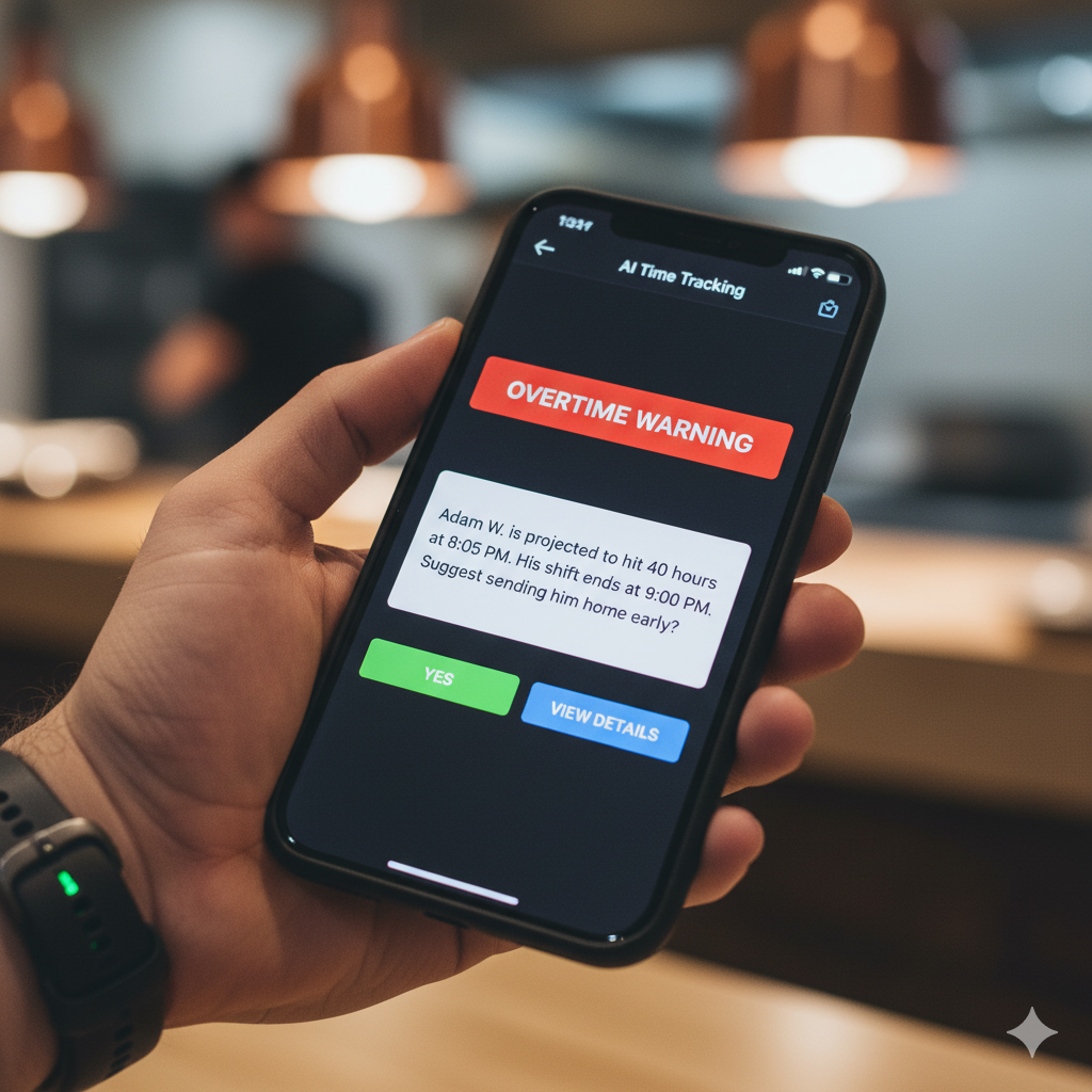A phone showing an AI-generated overtime alert.