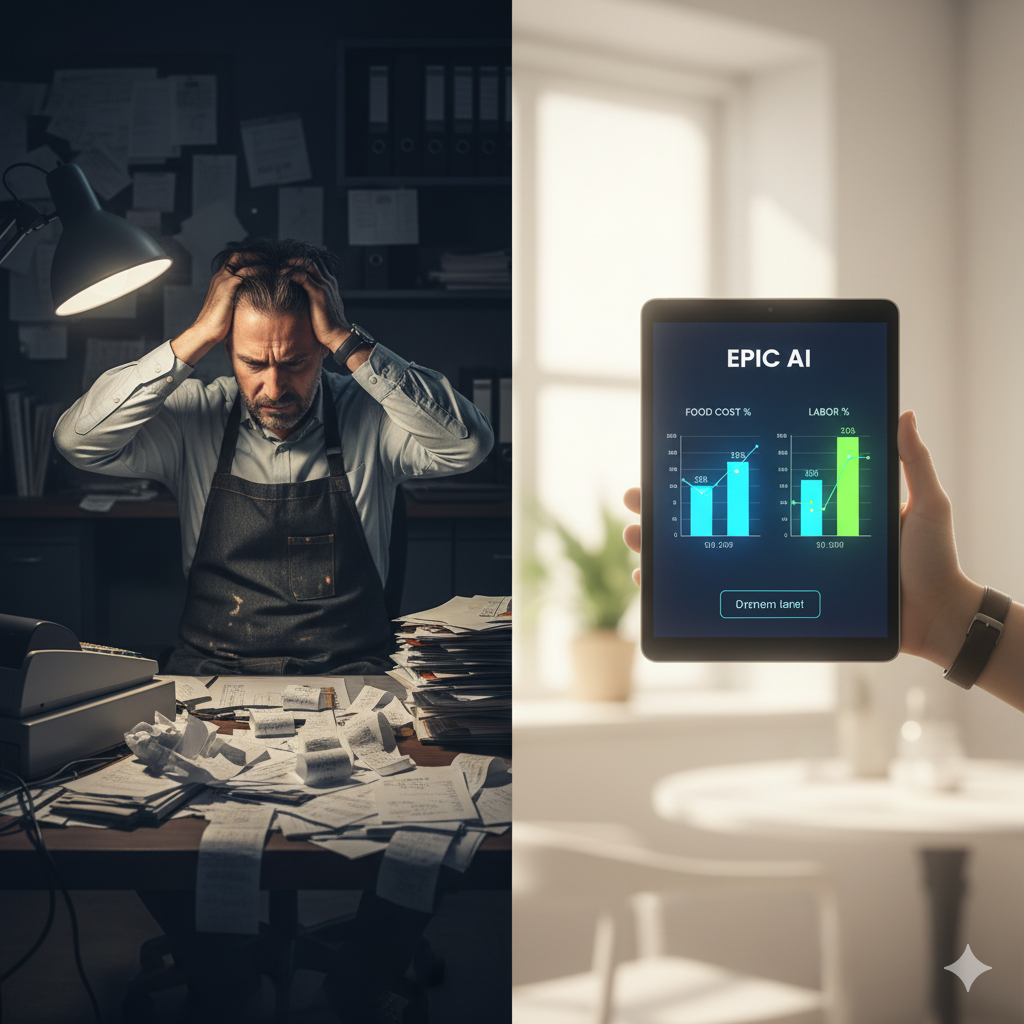 A split screen of a restaurant manager drowning in receipts vs. a clean AI dashboard.