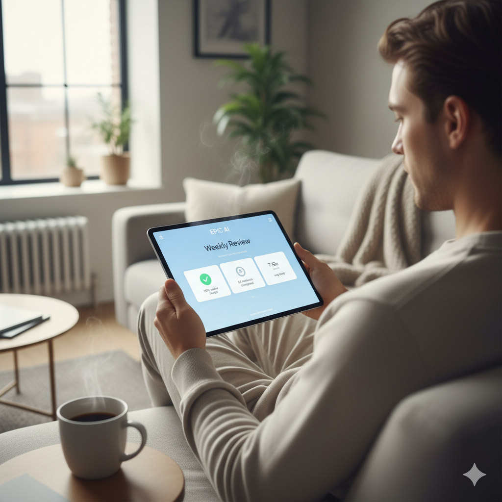 A person looking at a clean weekly review dashboard on a tablet.
